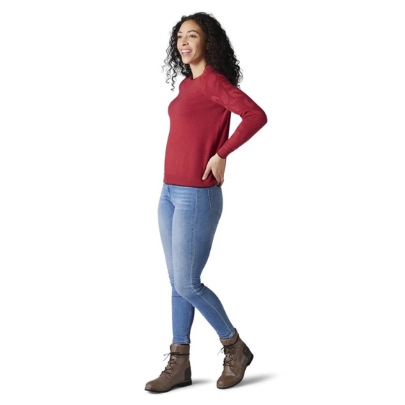 Smartwool Wm’s Edgewood Crew Pomegranate Heather Textured Floral Sleeve Sweater - Picture 8 of 13